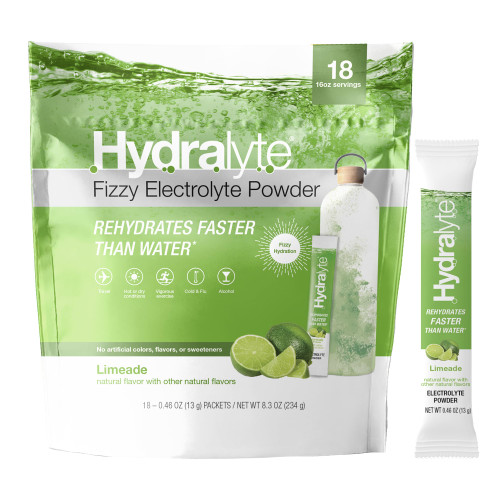 Hydralyte Low Sugar Rapid Rehydration - Lightly Sparkling Electrolyte Powder Packets, 16 oz Serve | Limeade Hydration Packets | Hydration for Heat, Travel Essential - Workout Essential (18 Count)