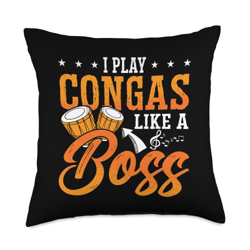 Conga Designs for Conga Player I Play Like A Boss Percussion Drums Instrument Conga Throw Pillow, 18x18, Multicolor