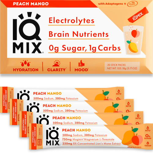 IQMIX Sugar Free Electrolytes Powder Packets - Hydration Supplement Drink Mix with Keto Electrolytes, Lions Mane, Magnesium L-Threonate, and Potassium Citrate - Peach Mango (20 Count)