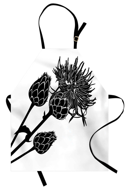 Ambesonne Artichoke Apron, Monochrome Illustration of Growing Thistle Silhouette Nature Design Print, Unisex Kitchen Bib with Adjustable Neck for Cooking Gardening, Adult Size, White and Black
