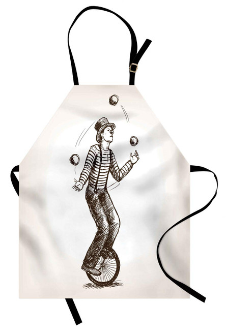 Ambesonne Circus Apron, Retro Style Sketch of Juggler Clown Man Performance on Cycle Bike Bicycle Wheel, Unisex Kitchen Bib Apron with Adjustable Neck for Cooking Baking Gardening, Brown and White