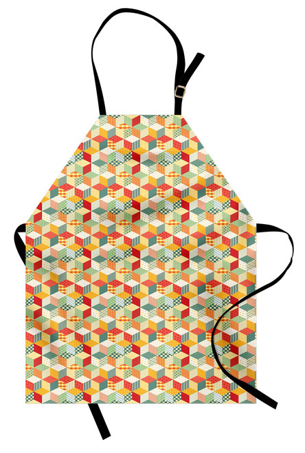 Lunarable Geometric Apron, Diamond Shape Rhombus Patchwork Design Forming Hexagon Mosaics Quilt Tile Print, Unisex Kitchen Bib with Adjustable Neck for Cooking Gardening, Adult Size, Multicolor