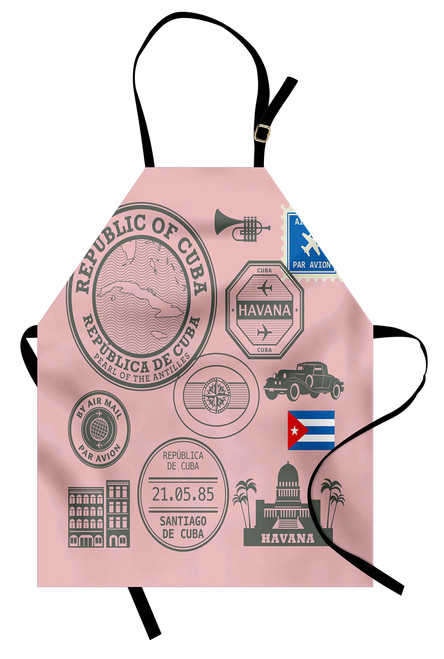 Lunarable Havana Apron, Republic of Cuba Havana Passport Custom Stamp Vintage Illustration, Unisex Kitchen Bib with Adjustable Neck for Cooking Gardening, Adult Size, Pink Cobalt