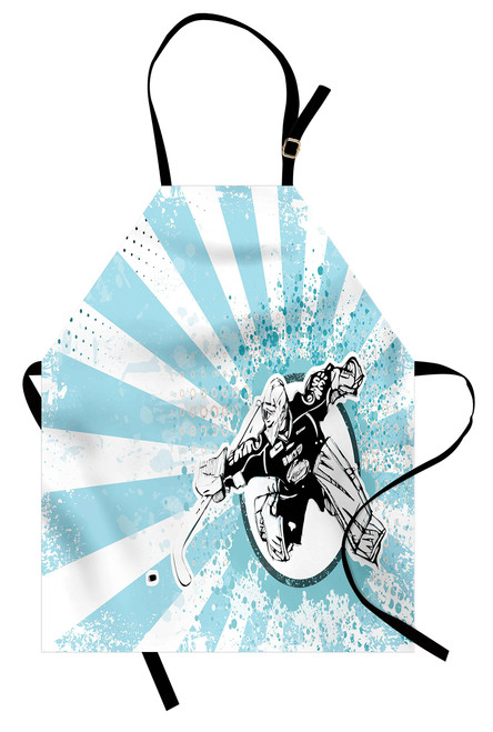 Ambesonne Hockey Apron, Grungy Retro Style Halftone Background with a Goaltender in Circle, Unisex Kitchen Bib Apron with Adjustable Neck for Cooking Baking Gardening, Pale Blue Black White