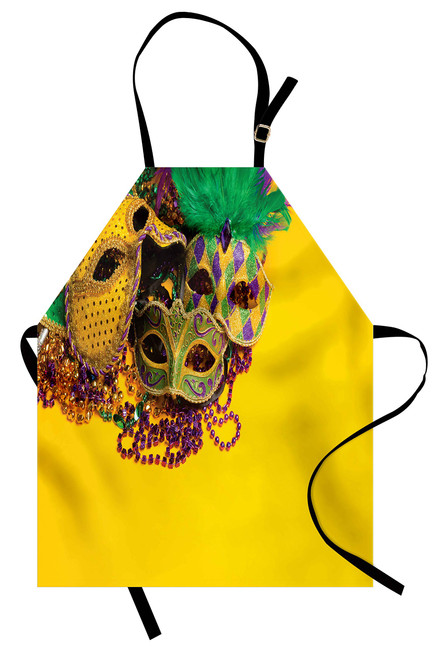 Ambesonne Mardi Gras Apron, Colorful Group of Venetian Carnivals Accessories, Unisex Kitchen Bib with Adjustable Neck for Cooking Gardening, Adult Size, Purple Yellow