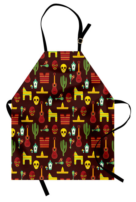 Ambesonne Mexican Apron, Pattern with Traditional Cultural Elements Music Accessories Tequila and Saguro, Unisex Kitchen Bib Apron with Adjustable Neck for Cooking Baking Gardening, Multicolor