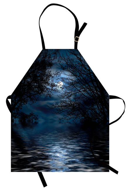 Lunarable Night Sky Apron, Witchcraft Spell Ceremony Atmosphere Forest Full Moon Branches Image, Unisex Kitchen Bib Apron with Adjustable Neck for Cooking Baking Gardening, Pale Blue and Black