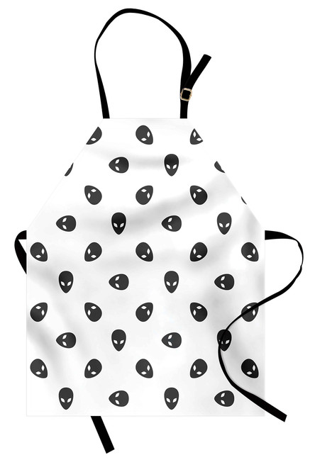 Lunarable Outer Space Apron, Alien Pattern Silhouette Extraterrestrial Character Monochrome Clipart, Unisex Kitchen Bib with Adjustable Neck for Cooking Gardening, Adult Size, Charcoal Grey