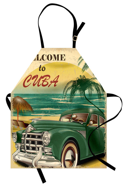Ambesonne Retro Apron, Nostalgic Welcome to Cuba Print Classic Car Beach Ocean Palm Trees, Unisex Kitchen Bib with Adjustable Neck for Cooking Gardening, Adult Size, Green Cream