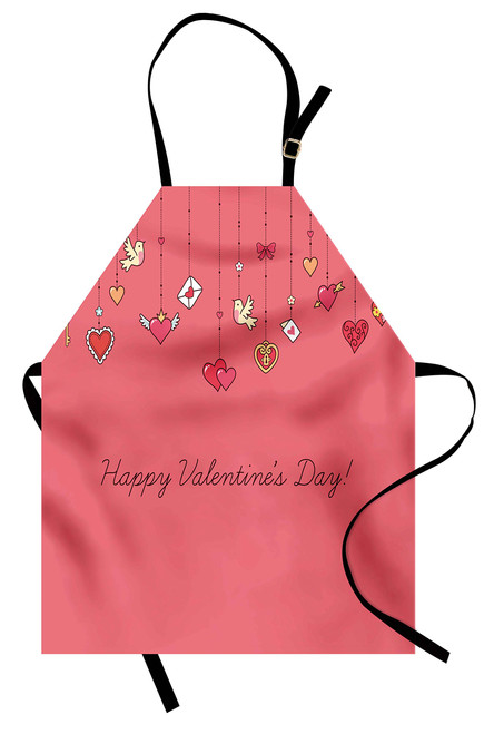 Lunarable Valentines Day Apron, Happy Special Valetines Day Print with Birds Hearts Letters and Keys Print, Unisex Kitchen Bib Apron with Adjustable Neck for Cooking Baking Gardening, Pink and Red