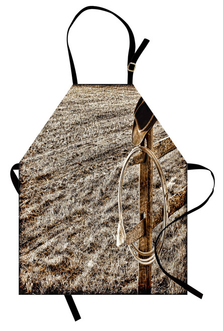 Lunarable Western Apron, Old Cowboy Hat and Lariat Lasso on Fence in a Ranch Field Western Photo Print, Unisex Kitchen Bib Apron with Adjustable Neck for Cooking Baking Gardening, Sepia