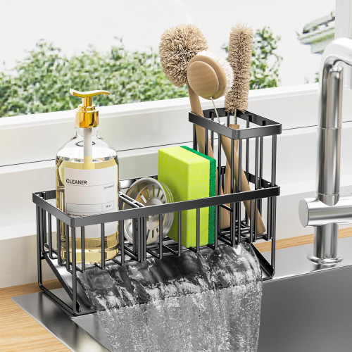 Cisily Sink Caddy Sponge Holder for Kitchen Sink, Kitchen Sink Caddy with High Brush Holder, Kitchen Sink Organzier Rustproof 304 Stainless Steel, Dish Sponge Organizer with Divider?Black?