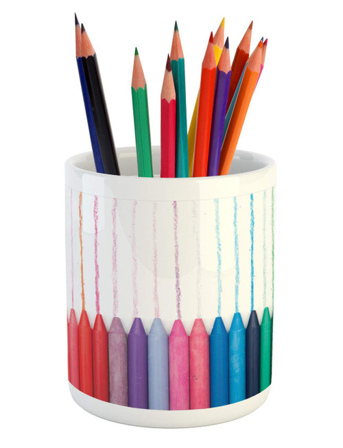 Ambesonne Crayon Pencil Pen Holder, Photo with Color Scale of Creativity Painting Crafts and Lines on Plain Backdrop, Printed Ceramic Pencil Pen Holder for Desk Office Accessory, Multicolor
