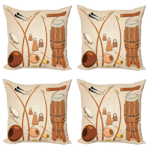 Lunarable Music Throw Pillow Cushion Case Pack of 4, Brazilian Capoeira Instruments Djembe Bongo Percussion Rhythm Tribal Culture, Modern Accent Double-Sided Digital Printing, 20", Multicolor