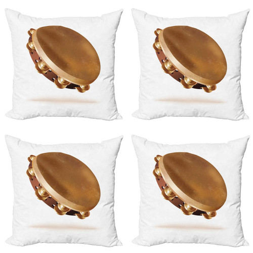 Lunarable Tambourine Throw Pillow Cushion Case Pack of 4, Traditional Hand Percussion Instrument with Pair of Jingles Folk Rhythm, Modern Accent Double-Sided Digital Printing, 20", Caramel Brown White