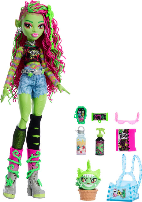 Monster High Venus McFlytrap Doll with Plant Monster Pet Cat Chewlian and Accessories Like Backpack, Notebook, Snacks and More Monster High Venus McFlytrap Doll with Plant Monster Pet Cat Chewlian and Accessories Like Backpack, Notebook, Snacks and More
