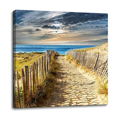Beach Canvas Wall Art for Bathroom Gold Sand Beach Wall Decoration Seascape Themed Modern Canvas Print Picture Framed Artwork Ready to Hang for Home Kitchen Bedroom Living Room Wall Decor Size 14x14