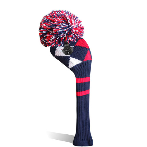 Golf Club Head Covers Knit for Woods Driver Fairway Hybrid Head Cover Knitted Pom Pom Stripes Pattern for Main Wood Clubs (Blue&Red-Fairway-1 Pcs)
