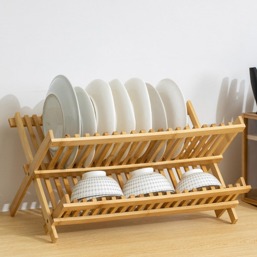 Dish Drainer Drying Rack Folding 2 Tier Drainer Dish Drying Rack Bam-boo Foldable Drying Rack For Kitchen Counter Dish Drainer Dish Dryer Kitchenware Organiser For Various Tableware