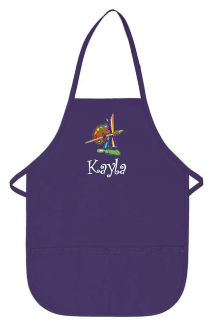 Personalized Purple Kids Art Smock Apron with Palette Embroidery Design Poly/Cotton Twill Fabric Extra Large