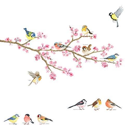 DECOWALL DA-1904 Cherry Blossom & Garden Birds Kids Wall Stickers Wall Decals Peel and Stick Removable Wall Stickers for Kids Nursery Bedroom Living Room