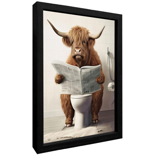 Funny Highland Cow Canvas Wall Art Farmhouse Highland Cattle in The Toilet Reading Newspaper Poster Print Animal Bathroom Wall Art 12x16in Framed