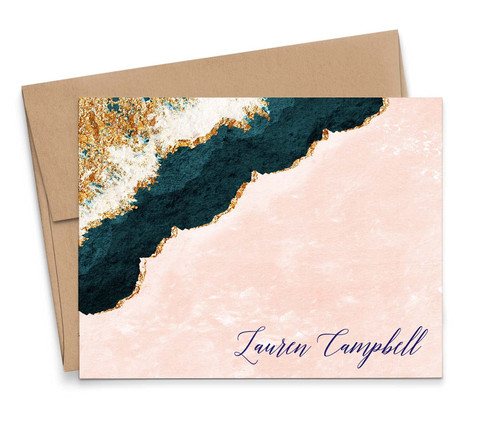 Blue and Gold Agate Personalized Stationery for Women, Elegant Personalized FOLDED Note Cards with Envelopes, Personalized Stationary for Women with Script Font, Your Choice of Colors and Quantity