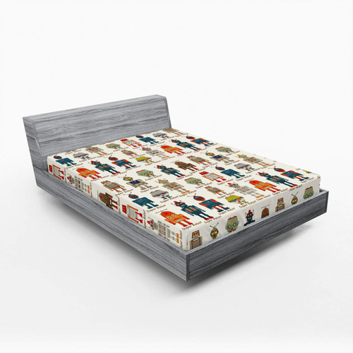 Ambesonne Robot Fitted Sheet, Various Different Super Robot Set in Cartoon Style Fantasy Futuristic Machine, Bed Cover with All-Round Elastic Deep Pocket for Comfort, Full Size, Multicolor