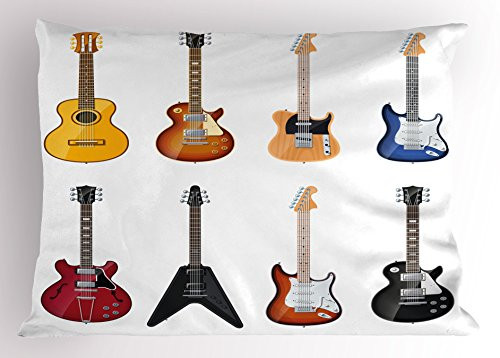 Ambesonne Guitar Pillow Sham, A Wide Variety of String Instruments Realistic Musical Pattern Jazz Blues Acoustic, Decorative Standard Size Printed Pillowcase, 26 X 20 Inches, Multicolor