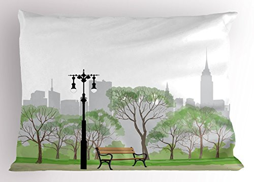 Printawe New York Pillow Sham, Central Park Scene with Bench and Trees Skyscraper Silhouettes American Landscape, Decorative Standard Size Printed Pillowcase, 26 X 20 inches, Multicolor