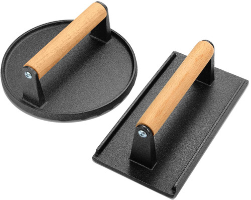 Wildone Burger Press, 7" Round & 8.2"X4.3" Rectangle Heavy-Duty Cast Iron Smash Bacon Press Meat Steak with Wood Handle for Griddle, Sandwich, Panini, Nonstick Pan Wildone Burger Press, 7" Round & 8.2"X4.3" Rectangle Heavy-Duty Cast Iron Smash Bacon Press Meat Steak with Wood Handle for Griddle, Sandwich, Panini, Nonstick Pan