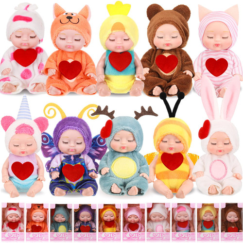 Hanaive 10 Pcs 4 Inch Mini Baby Dolls Lifelike Realistic Baby Dolls Reborn Tiny Babies with Animal Clothes Cute Baby Doll Gifts Set for Girls Boys Toddlers Kids 3+ Christmas Birthday (Heart Style)