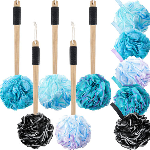 10 Pieces Shower Loofah Back Scrubber for Shower, Soft Mesh Poufs and Shower Sponge Brush with Long Wooden Handled, Deep Cleansing and Exfoliating Bath Sponge for Men Women (Assorted Colors)
