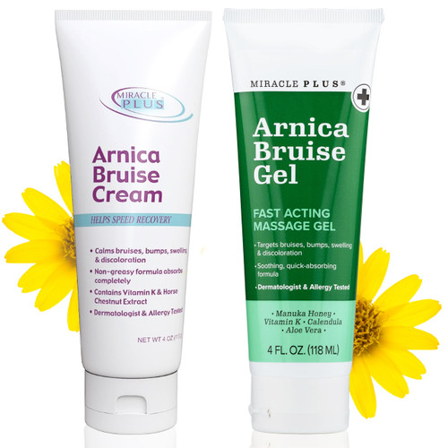 Miracle Plus Arnica Cream Bruise Relief Lotion + Arnica Bruise Gel For Bruising And Swelling On Skin | Bruise Cream Extra Strength Vitamin K Cream | Moisturizing Bruise Formula Skin Care Gel, 2pc Set