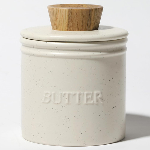 Everbbking Butter keeper Butter Dish with wood knife for Countertop - Ceramic Butter Keeper French Butter Crock with Water Line Butter Holder for Counter Butter crock wooden handle gift box