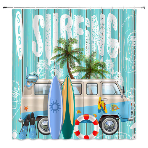 VPUPCN Tour Bus Shower Curtain Tropical Palm Tree Ocean Beach Surfboard RV Camping Summer Hawaii Seaside Costal Vacation Surfing Polyester Curtains Bathroom Decor with Hooks 90wX70h Inch