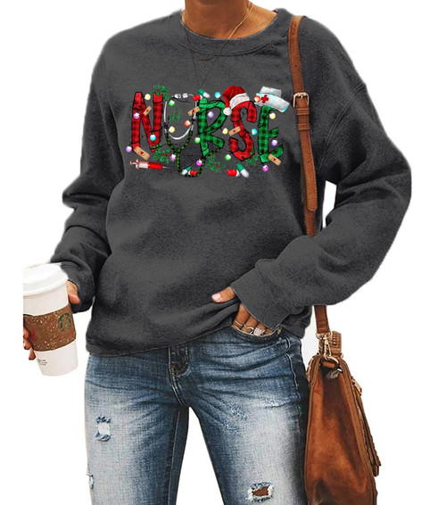 FCHICH Christmas Nursing Sweatshirt Women Nursing School T Shirt Nurse Xmas Shirt Casual Long Sleeve Crewneck Pullover Tops (XL, Dark Gray)