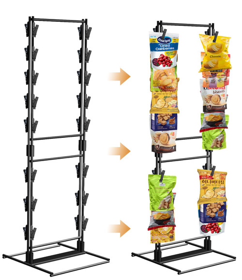 WIPHANY Snack Retail Display Rack Clip Countertop Candy Chip Bag Holder Hanger Potato Stand 2-Row Black Portable Organizer Collapsible Metal Easy to Install New Model