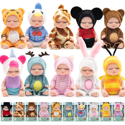 Andenley 10 Pcs 4 Inch Mini Reborn Baby Dolls Realistic Baby Dolls Washable Tiny Babies with Animal Clothes Cute Baby Alive Doll Gifts Set for Girls Boys and Kids Big Easter Birthday Gift