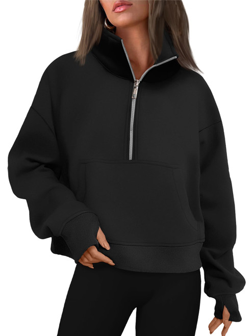 EFAN Womens Black Hoodies Oversized Half Zip Sweatshirts Cropped Pullover Fleece Quarter Zip Up Jcakets Winter Clothes 2024 Trendy Outfits