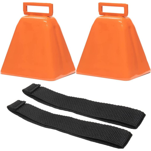 Bevin Bells Long Distance Cow Bells 10LD (Orange & Orange) | Christmas Bells | Made from Steel | Loud Noise Makers | w/White Strap Around The Handle | Easier to Hold | Made in CT, USA