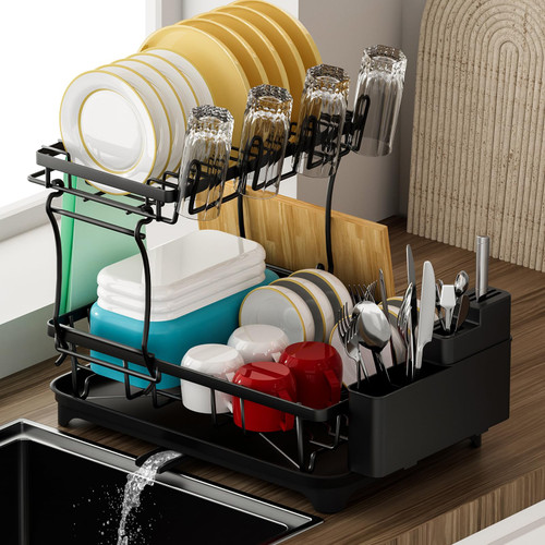 YZHDUXIU Dish Drying Rack, Large-Capacity Dish Rack with Automatic Drainboard, Dish Racks for Kitchen Counter, Durable Drying Rack for Countertop, Dish Drainer with Utensil Holder, 2-Tier Black