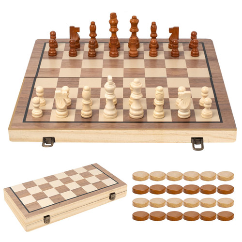Kids Chess Set, Chess and Checkers Set Wooden 15 inch Folding Chess Sets for Kids ? Adults Portable Felted Interior Checkers Board Game with Storage for Travel Style2