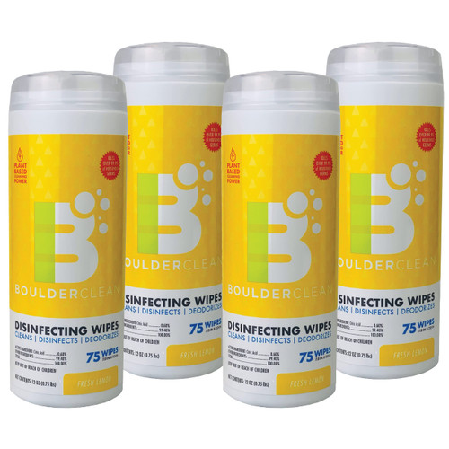 Boulder Clean Disinfecting Wipes, Fresh Lemon Scent, Plant-Based Cleaning Wipes, Antibacterial Household Cleaner, Kills 99.9% of Household Germs, Disinfects & Deodorizes, 75 Count (Pack of 4)