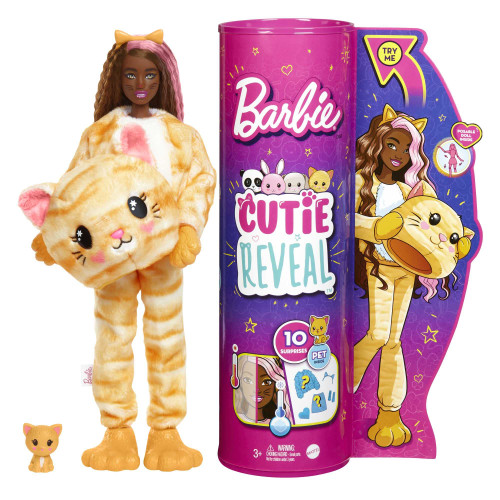 Barbie Doll, Cutie Reveal Kitty Plush Costume Doll with 10 Surprises, Mini Pet, Color Change and Accessories