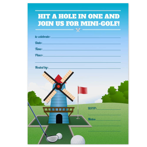 Windmill Mini Golf Birthday Party Invitations, Set of 20 Fill-in Blank 5x7 Inch Invites and Envelopes