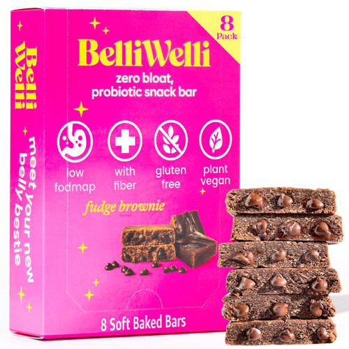 Belliwelli Soft Baked Probiotic Snack Bar | Gluten-Free, Dairy-Free, Vegan, & Low-FODMAP | Fudge Brownie (8 Pack)