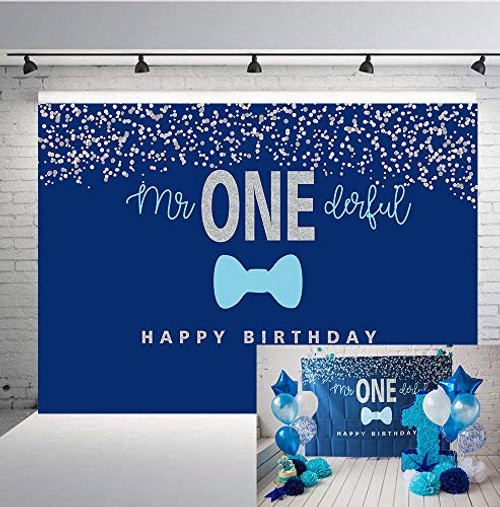 Botong 7x5FT Boys 1st Birthday Mr. Onederful Backdrop Blue Bow Tie Blue and Silver Photography Background Baby Shower Boy Toddler Little Man First Birthday Cake Table Decorations Photoshoot Banner