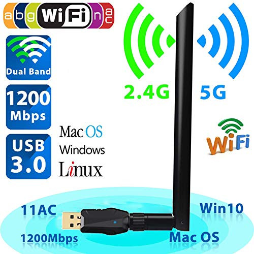 USB Wifi Adapter 1200Mbps, USB 3.0 Wireless Network Wifi Dongle with 5dBi Antenna for PC/Desktop/Laptop/Tablet,Dual Band 2.4G/5G 802.11 ac,Support Windows 10/8/8.1/7/Vista/XP/2000, Mac OS 10.4-10.13.