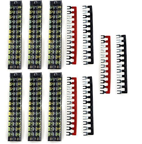 XLX 12pcs (6 Set) 600V 25A 12 Positions Double Row Screw Terminal Strip and 400V 25A 12 Positions Red/Black Pre-Insulated Terminal Barrier Strip